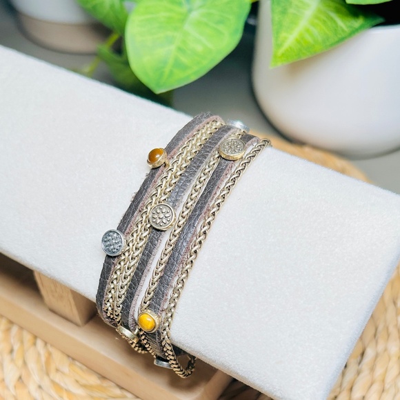 LUCKY Brand Multi Strand Tigers Eye Brown Suede & Brass Tone Chain Bracelet - Picture 4 of 11